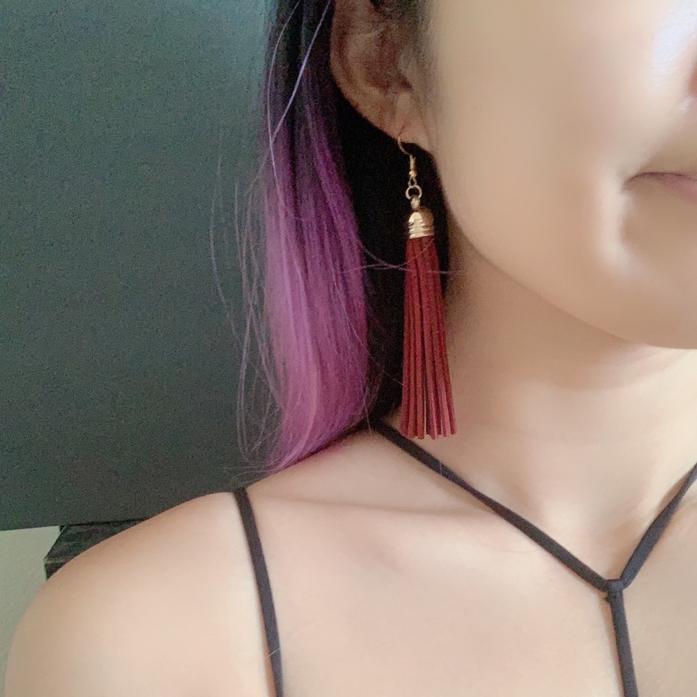 Burgundy Long statement tassel ear rings